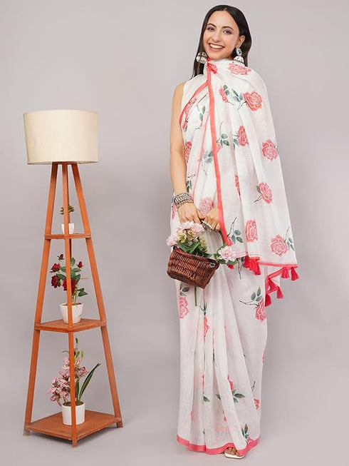 Vasthrlay White Striped | Floral | Solid Print Design Linen Saree With Solid Unstitched Linen Blouse Piece