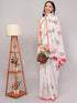 Vasthrlay White Striped | Floral | Solid Print Design Linen Saree With Solid Unstitched Linen Blouse Piece