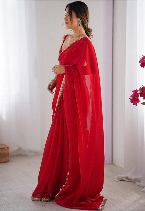 Vasthrlay Red Sequins Unstitched Saree
