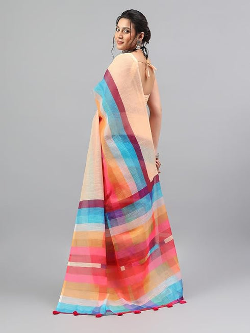 Vasthrlay Beige Linen Floral | Striped | Check Design Printed Saree With Solid Unstitched Linen Blouse Piece