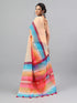 Vasthrlay Beige Linen Floral | Striped | Check Design Printed Saree With Solid Unstitched Linen Blouse Piece