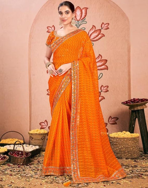 Vasthrlay Bandhani Embroidery Unstitched Rama Green Saree