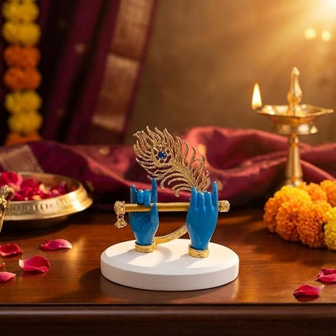 Gold Plated Melodic Krishna Hands Statue with Flute & Peacock Feather