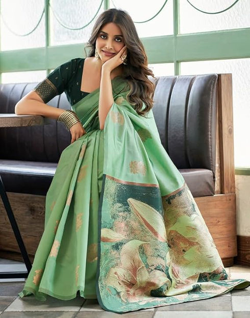 Vasthrlay Jacquard Kanjivaram Unstitched Pista Green Saree