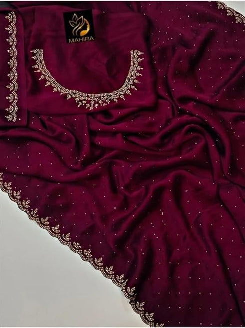 Vasthrlay Dailywear Maroon Georgette Stone Work Saree with Border | All-Over Stone Embellishments