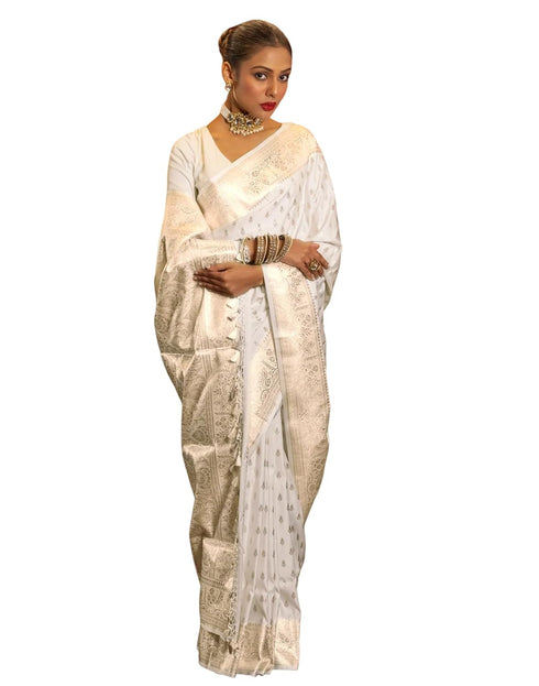Vasthrlay Jacquard Kanjivaram Unstitched Cream Saree
