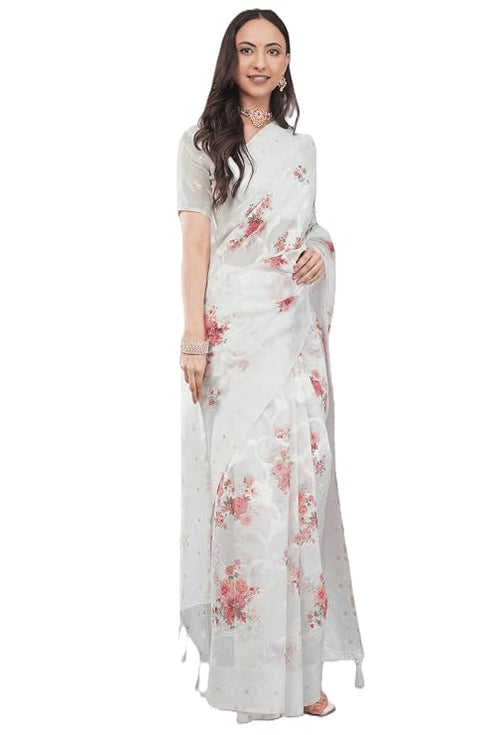 Vasthrlay Off White Floral Semi Sheer Chanderi Saree With Champagne Gold Zari Pallu And Unstitched Blouse Piece