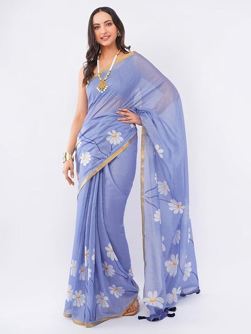 Vasthrlay Violet Womens Violet Lavender Daisy Floral Prints Linen Saree With Zari Border And Unstitched Blouse Piece