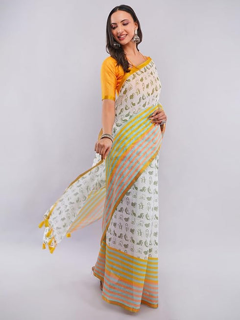 Vasthrlay White Floral Digital Print Linen Saree With Unstitched Blouse Piece