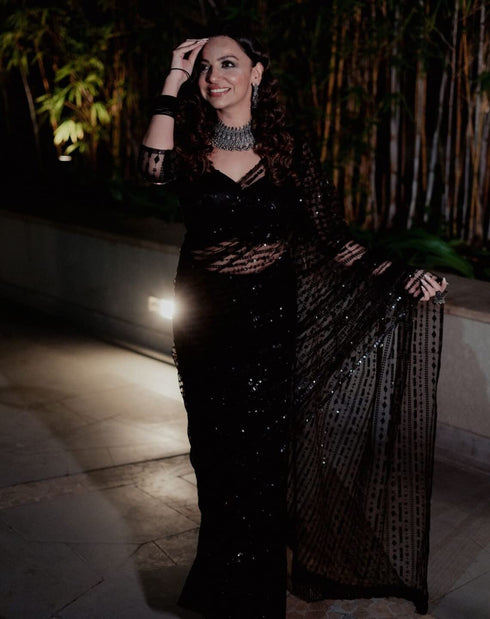 Vasthrlay Embroidered Sequence Unstitched Black Free Ethnic Wear
