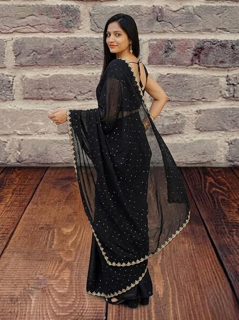 Vasthrlay Dailywear Black Georgette Stone Work Saree with Border | All-Over Stone Embellishments