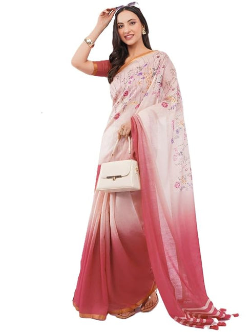 Vasthrlay Womens Peach Floral Digital Print Linen Saree With Unstitched Blouse Piece