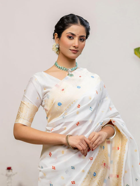 Vasthrlay Weaving Printed Off White Off White Saree