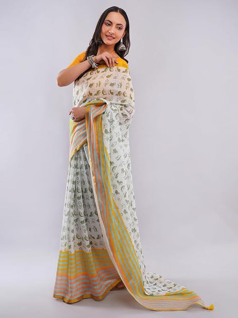 Vasthrlay White Womens Floral Digital Print Linen Saree With Unstitched Blouse Piece