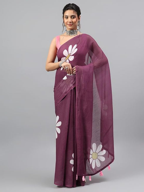 Vasthrlay Dark Purple Linen Floral Printed Saree With Solid Unstitched Linen Blouse Piece