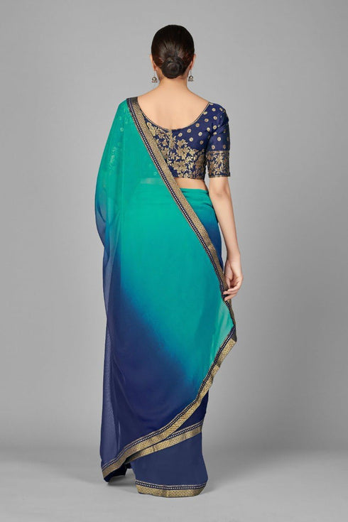 Vasthrlay Two Tone Georgette Turquoise Embroidered
