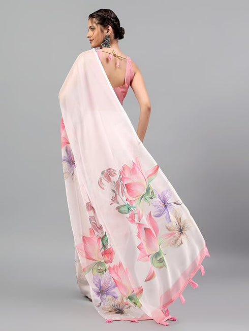 Vasthrlay Pastel Pink Sheer Floral Printed Art Chiffon Saree With Unstitched Blouse