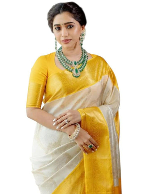 Vasthrlay Mustard Yellow Jacquard Traditional Unstitched Saree