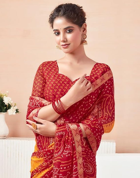 Vasthrlay Bandhani Printed Chiffon Orange Saree