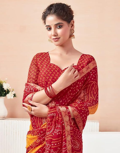 Vasthrlay Bandhani Printed Chiffon Red And Yellow1 Saree With Unstitched Blouse Piece