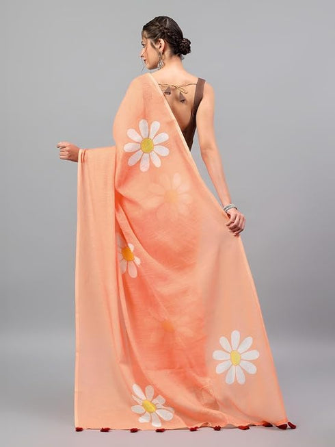 Vasthrlay Peach Linen Floral Printed Saree With Solid Unstitched Linen Blouse Piece