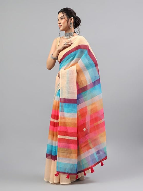 Vasthrlay Beige Linen Floral | Striped | Check Design Printed Saree With Solid Unstitched Linen Blouse Piece