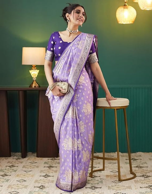 Vasthrlay Banarasi Jacquard Purple Saree With Unstitched Blouse Piece