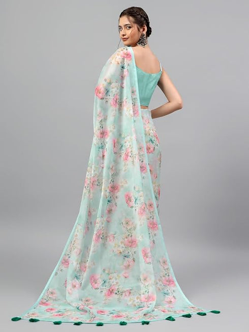 Vasthrlay Blue Sheer Spring Floral Printed Art Chiffon Saree With Unstitched Blouse