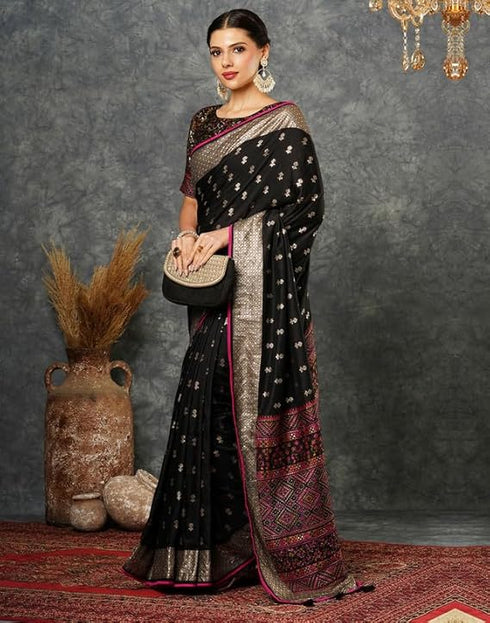 Vasthrlay Banarasi Jacquard Unstitched Black Saree