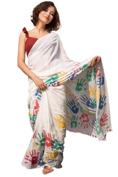 Vasthrlay Chanderi Printed Unstitched Cotton White Free Ethnic Wear
