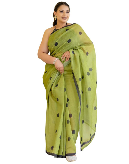Vasthrlay Chanderi Printed Green | Black Saree With Unstitched Blouse Piece