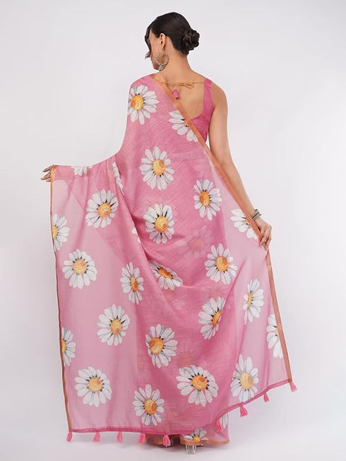 Vasthrlay Womens Lavender Purple And White Floral Digital Print Linen Saree With Unstitched Blouse Piece