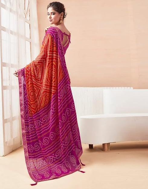 Vasthrlay Bandhani Printed Chiffon Orange Saree