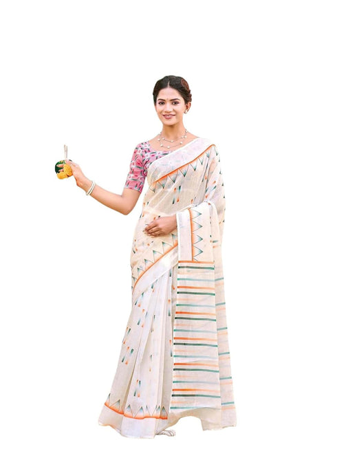 Vasthrlay Tricolor Printed White1 White Saree