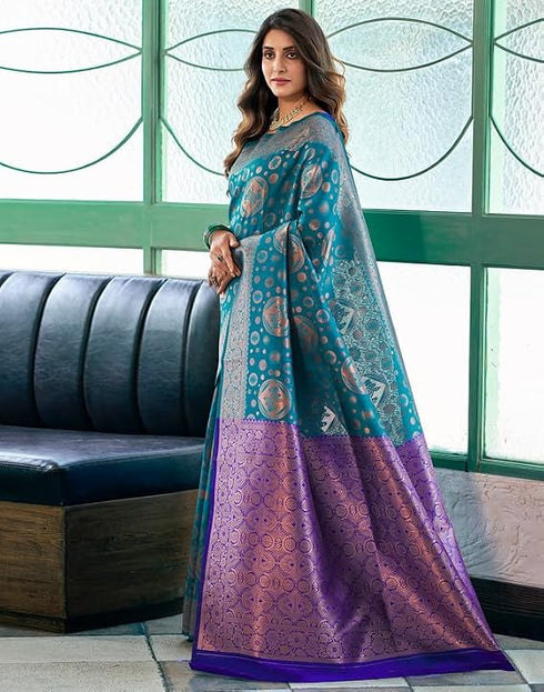 Vasthrlay Banarasi Kanjivaram Light Blue Saree With Unstitched Blouse Piece