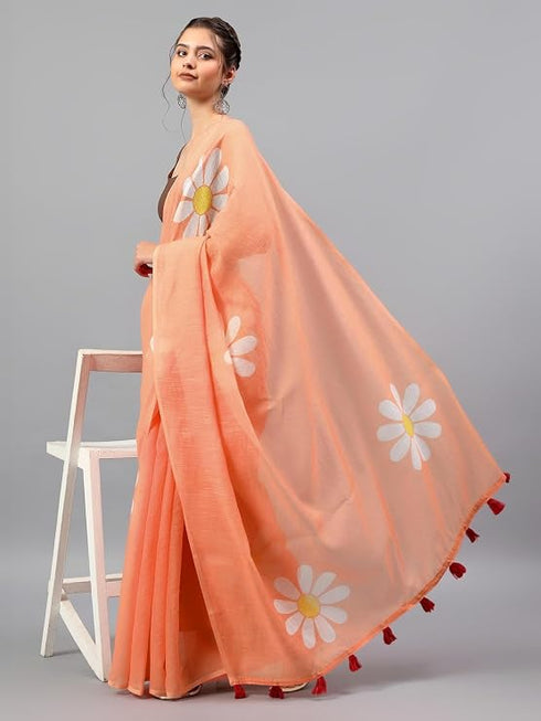 Vasthrlay Peach Linen Floral Printed Saree With Solid Unstitched Linen Blouse Piece