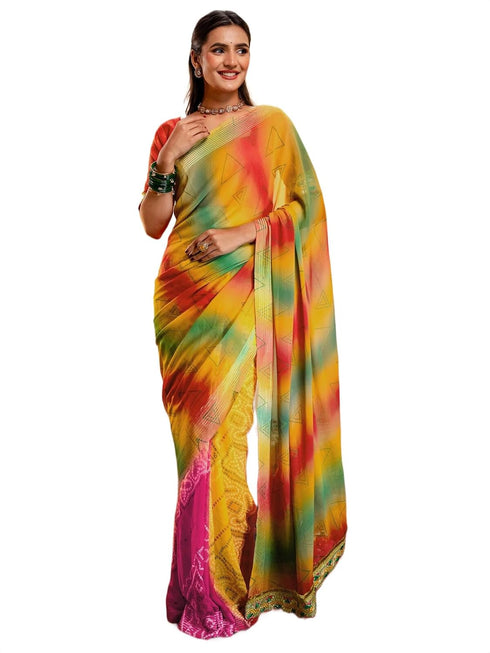 Vasthrlay Georgette Bandhani Unstitched Orange Saree