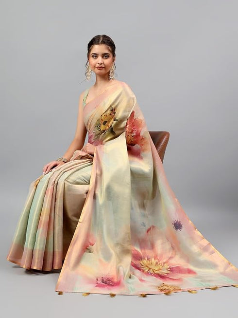 Vasthrlay Pastel Pink Heavy Zari Woven Silk Ethnic Saree With Green Blouse