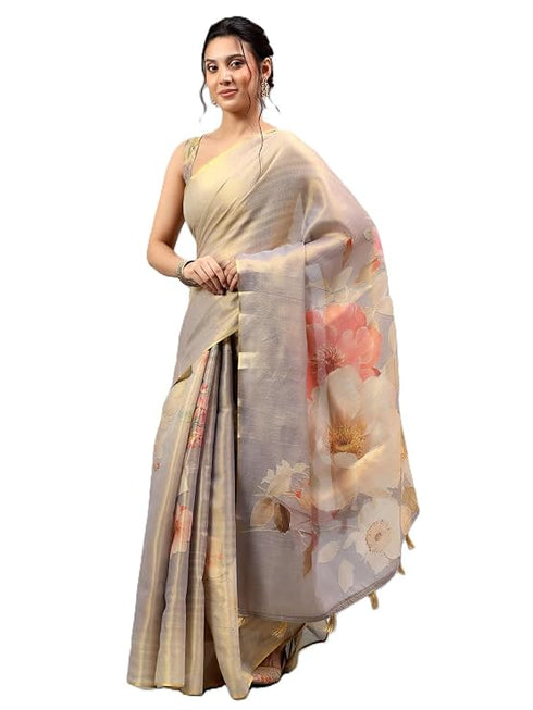 Vasthrlay Grey Floral And Solid Design Polyester Saree With Unstitched Blouse Piece
