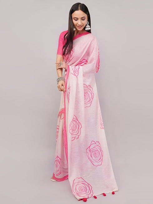 Vasthrlay Pink Printed Linen Saree With Unstitched Blouse Piece