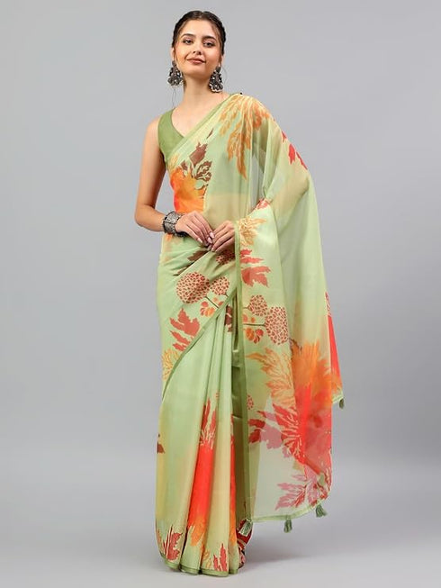Vasthrlay Green Sheer Spring Floral Printed Art Chiffon Saree With Unstitched Blouse