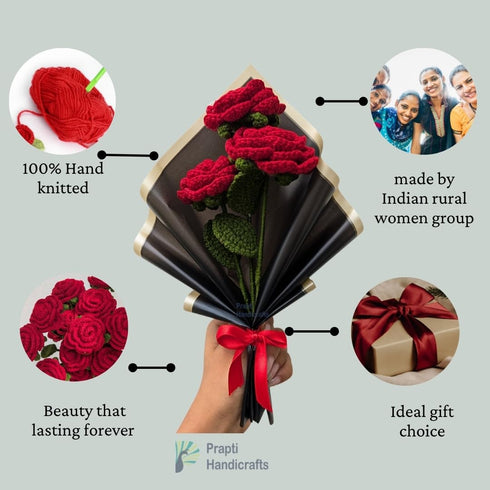 Handicrafts Handmade Crochet Red Roses Bouquet