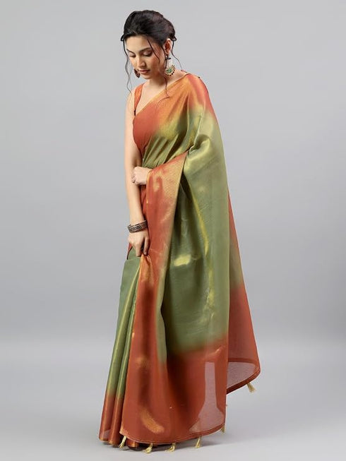 Vasthrlay Green Heavy Zari Woven Silk Ethnic Saree With Red Blouse