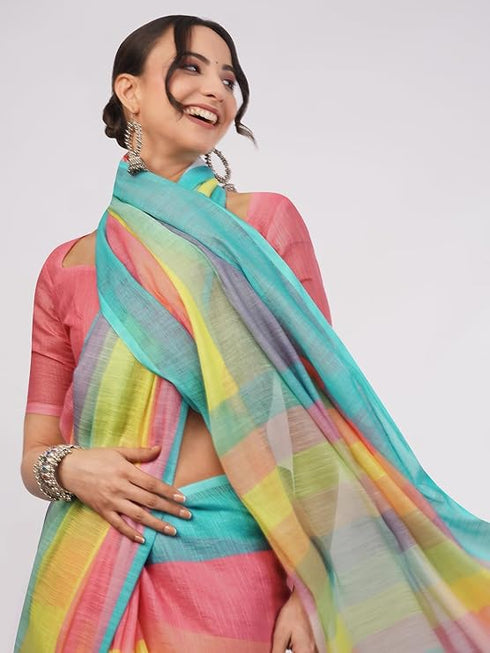 Vasthrlay Peach Striped | Floral | Solid Print Design Linen Saree With Solid Unstitched Linen Blouse Piece