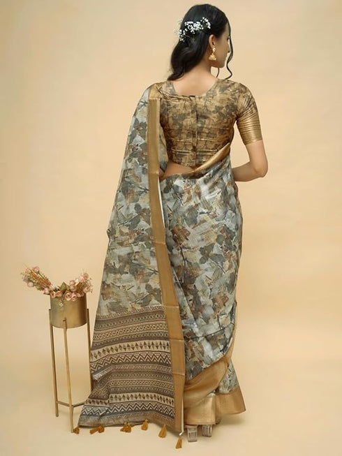 Vasthrlay Grey Brown Abstract Print Polyester Saree With Antique Zari Border And Unstitched Blouse Piece