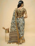 Vasthrlay Grey Brown Abstract Print Polyester Saree With Antique Zari Border And Unstitched Blouse Piece