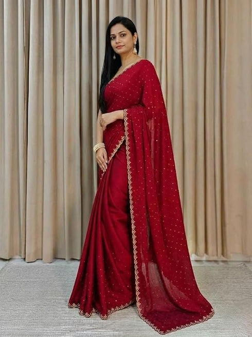 Vasthrlay Dailywear Red Georgette Stone Work Saree with Border | All-Over Stone Embellishments