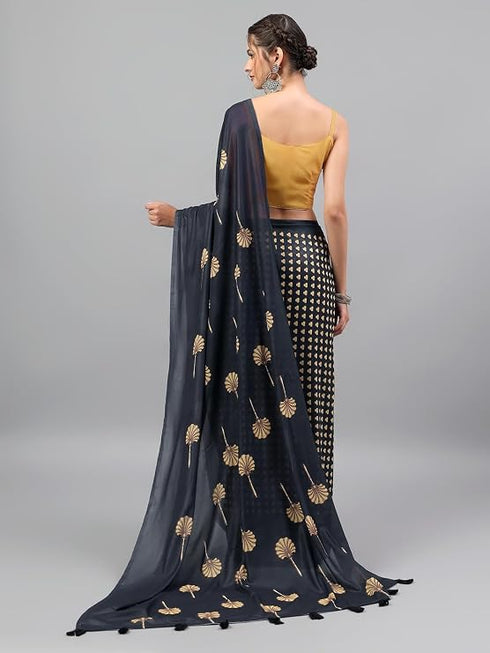 Vasthrlay Midnight Black Faux Georgette Botanical Floral Printed Saree With Unstitched Blouse