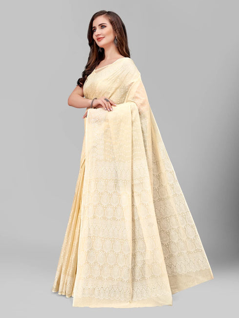 Vasthrlay Cotton Printed Mulmul Beige Saree