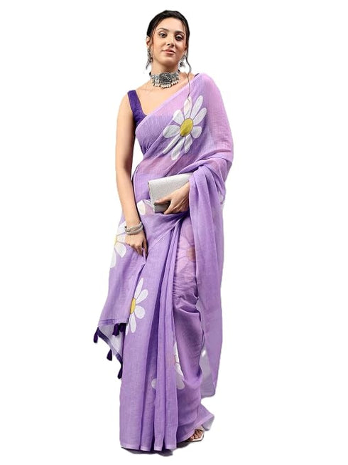Vasthrlay Purple Womens Ready To Wear One Minute Linen Fabric Saree